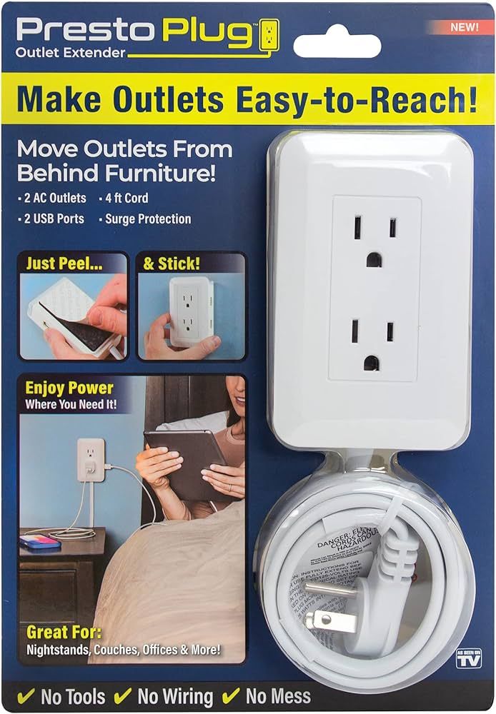 Ontel Presto Plug Outlet Extender for Relocating Unreachable Power Outlets, 4ft Cord, Sticks Easi... | Amazon (US)