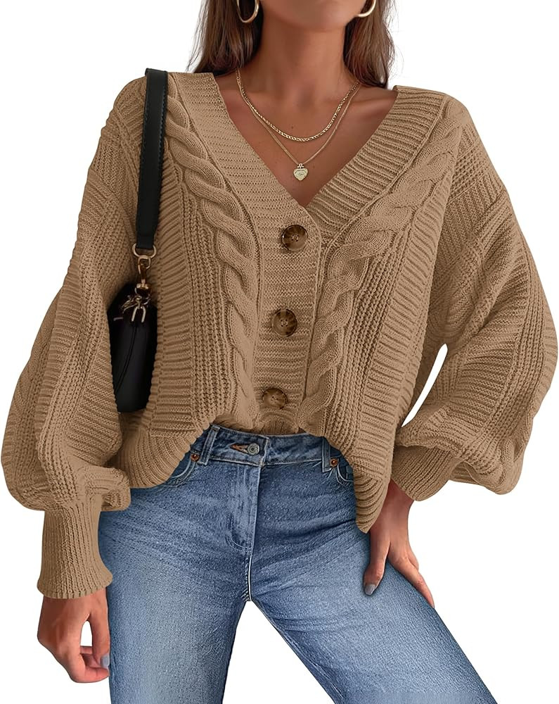dowerme Cardigan Sweaters for Women Fall Fashion 2025 V Neck Long Sleeve Chunky Cable Knit Sweate... | Amazon (US)