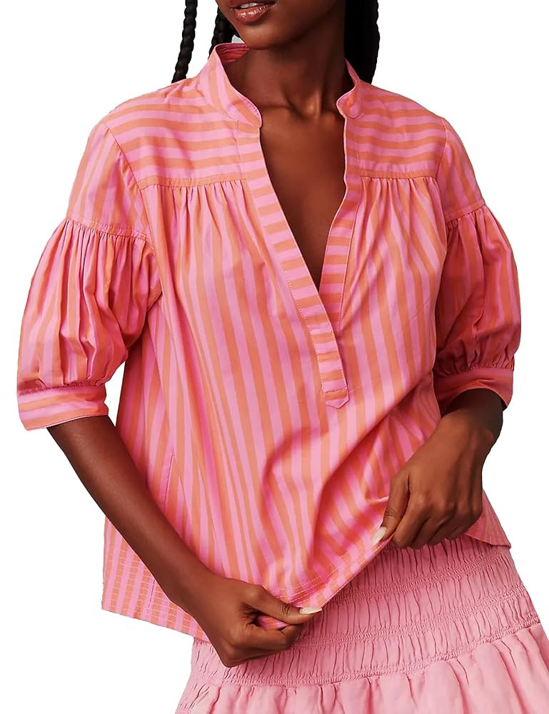 Women Puff Short Sleeve Blouse Trendy Striped V Neck Shirt Summer Business Casual Outfit Cute Bab... | Amazon (US)