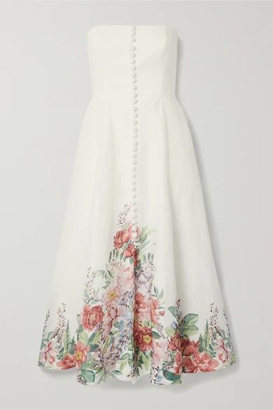 Zimmermann - Bellitude Strapless Floral-print Linen Midi Dress - Ivory | NET-A-PORTER (US)