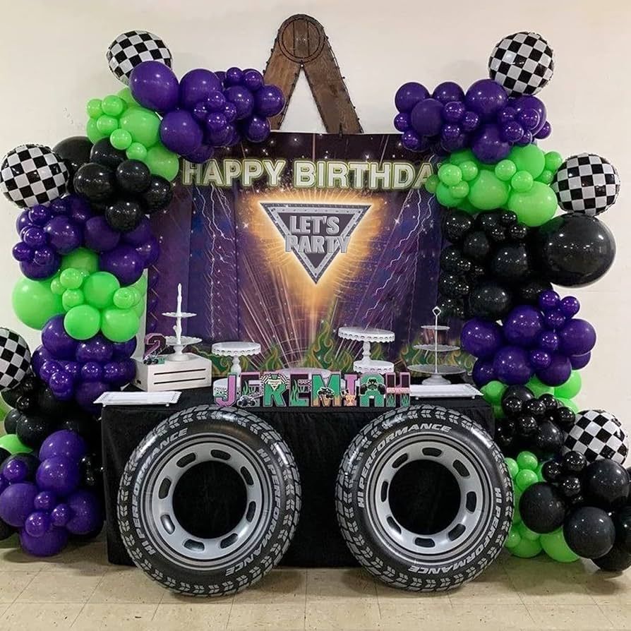 Truck Theme Balloon Garland Kit with Black Green Dark Purple Balloon Large Wheel Theme Birthday P... | Amazon (US)