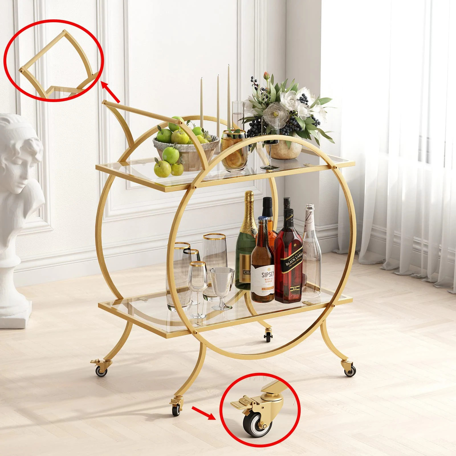 Gold Bar Carts for The Home Bar Serving Cart, Rolling Bar Cart Gold with Lockable Caster Wheels, Glass Bar Carts | Bed Bath & Beyond