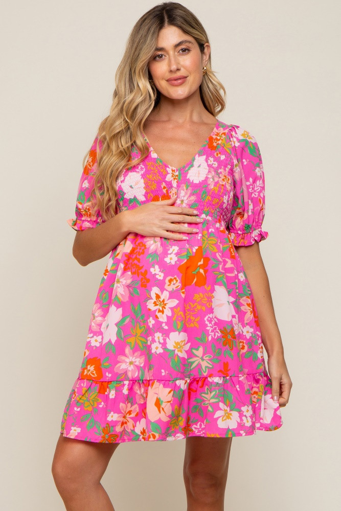 Fuchsia Floral Smocked Puff Sleeve Maternity Dress | PinkBlush Maternity