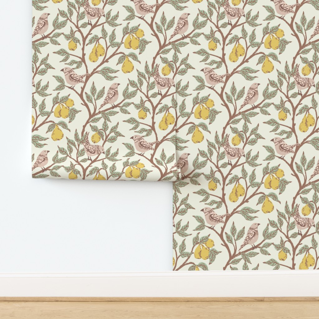 Wallpaper in Finches in a a pear tree organic arts and crafts style branches yellow sage | Spoonflower