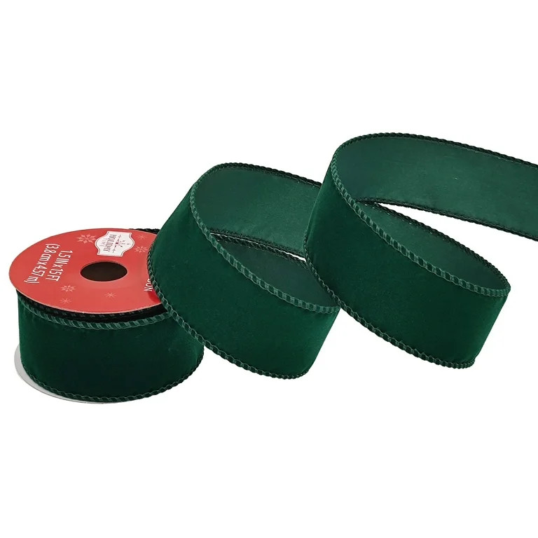Green Velvet Wired Christmas Ribbon, 1.5" x 15', by Holiday Time | Walmart (US)