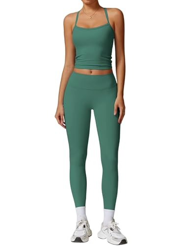 2 Piece Workout Sets for Women Seamless Straps Cross Back Tank Tops Matching High Waist Tummy Control Leggings Set Clothes Womens Two Piece Athletic Set Gym Wear Active Yoga Outfit Dark Green S | Amazon (US)