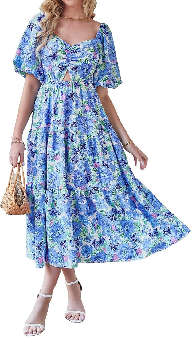 BTFBM Women Summer Dresses 2023 Casual Flowy Beach Square Neck Puff Short Sleeve Smocked Back Boh... | Amazon (US)