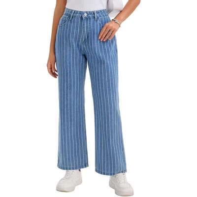 INSPIRE CHIC Women's Striped Jeans High Rise Zipper Fly Straight Leg Denim Pants Small Blue | Target