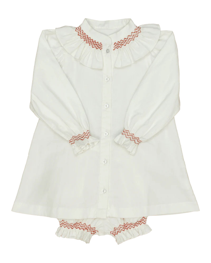 Molly Anne Dress/Bloomer Set in White Corduroy with Red Hand-Smocked Details | Sun House Children's