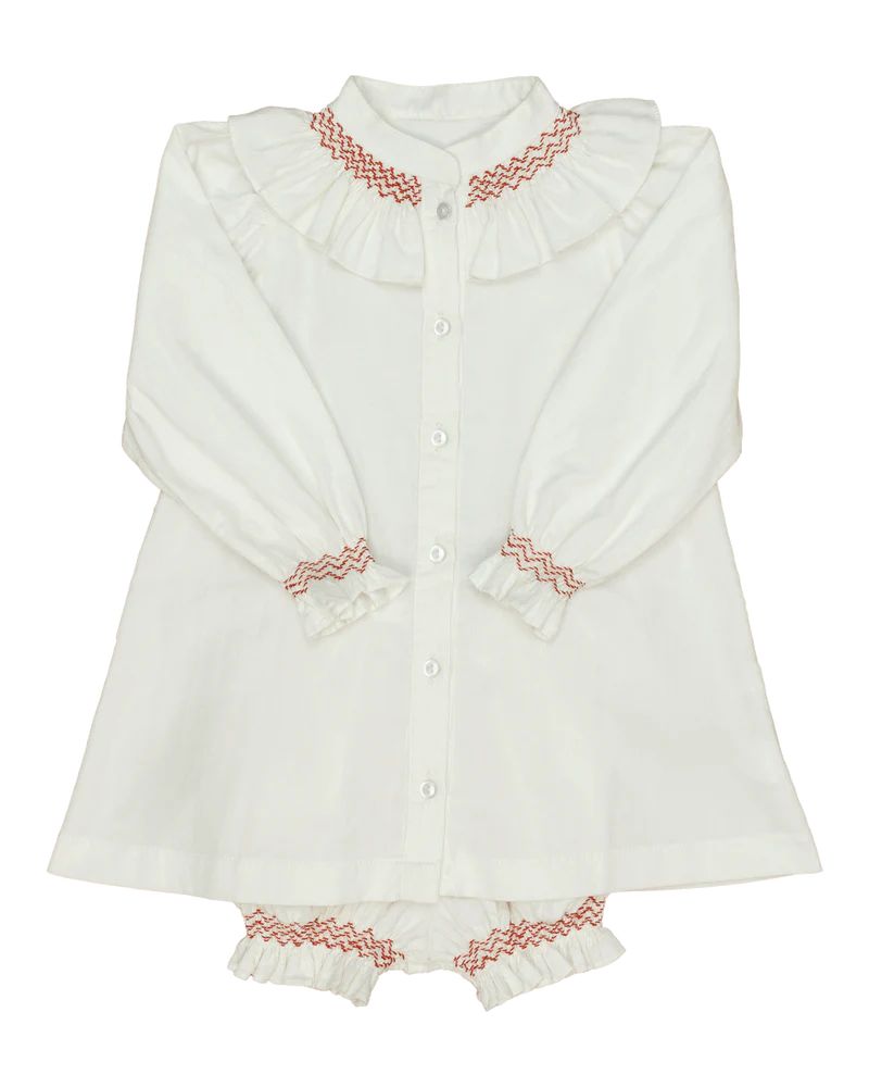 Molly Anne Dress/Bloomer Set in White Corduroy with Red Hand-Smocked Details | Sun House Children's