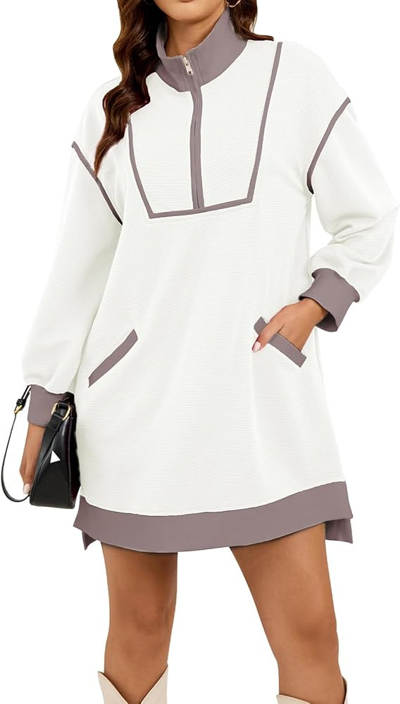 Womens Long Sleeve Sweatshirt Dress Oversized Half Zip Fall Loose Fit Casual Dress with Pockets | Amazon (US)