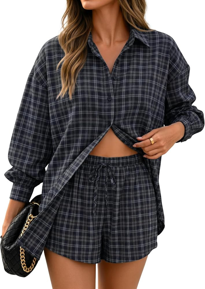 ZESICA Womens 2 Piece Long Sleeve Striped Plaid Casual Fall Shorts Sets | Amazon (US)