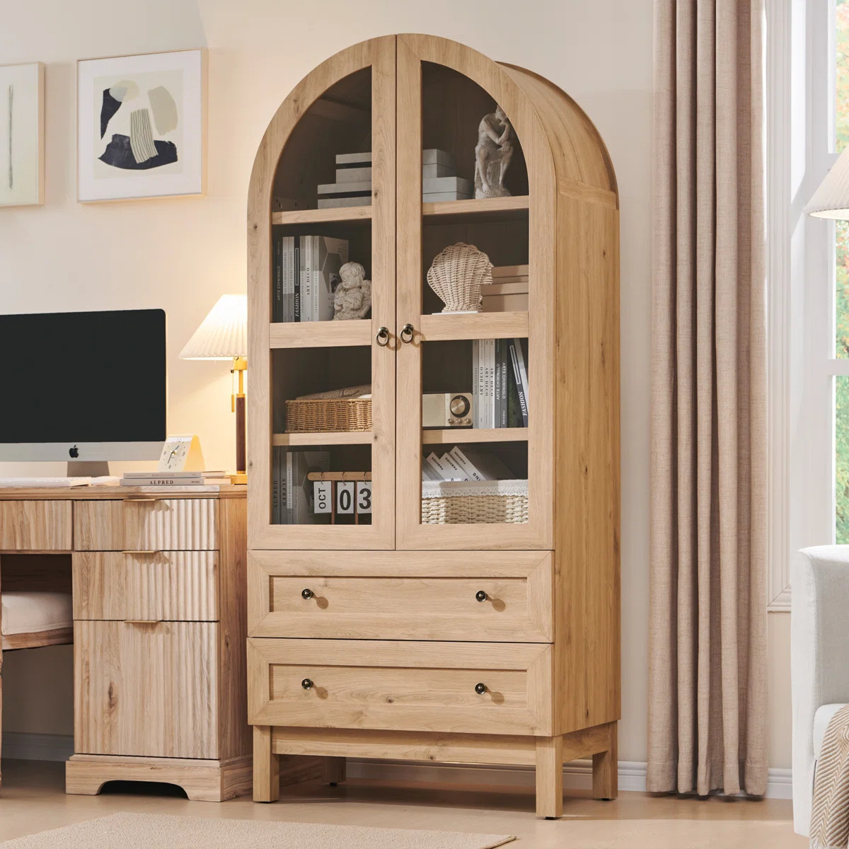 71" Tall Arched Bookshelf, 4-Tier Bookcase with Glass Doors and Shelves, Wooden Display Cabinet w... | Wayfair North America