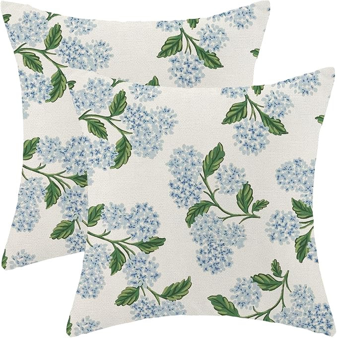Spring Pillow Covers 18x18 Set of 2, Blue Hydrangea Flower Decor Farmhouse Floral Throw Pillows O... | Amazon (US)