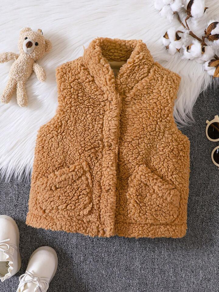 Young Girl Dual Pocket Teddy Vest Coat | SHEIN