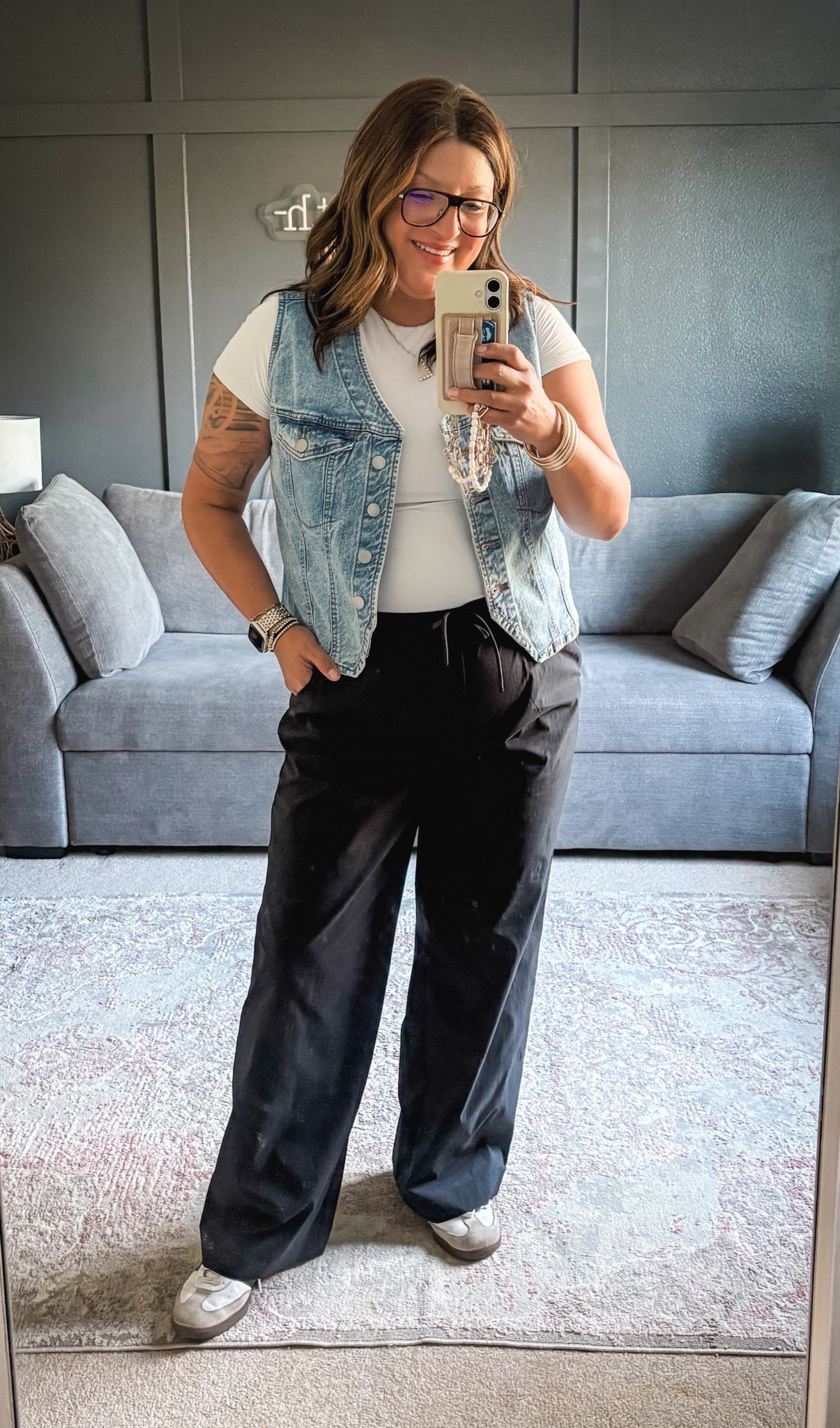 Today’s ootd:
GAP denim vest (L)- old but linked similar 
Abercrombie matte tee (XL)
Athleta poplin pants (L)
Adidas sambas


#LTKOver40 #LTKMidsize #LTKSaleAlert