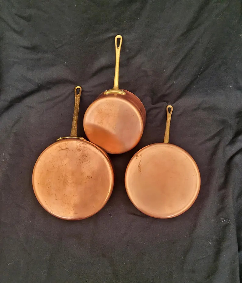 vintage French copper saucepans set 3  France Tin Lined with Brass Riveted Handles | Etsy (US)
