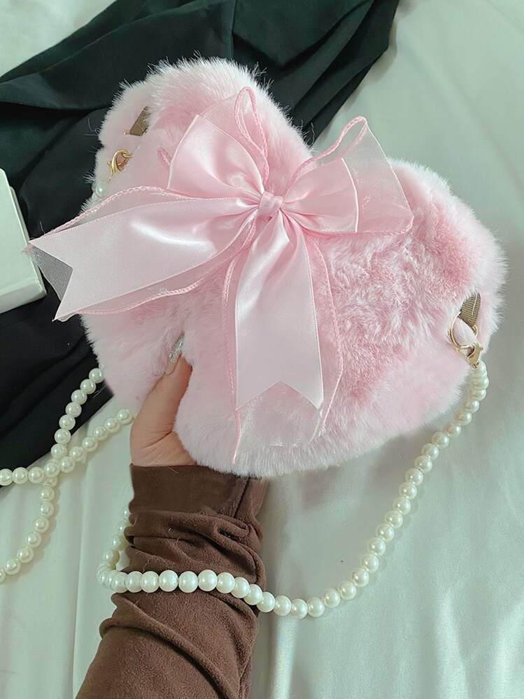 Mini Bow Decor Faux Pearl Beaded Fluffy Heart Shaped Novelty Bag, New Arrival Fur Purse, Bow Purse For Women Valentines | SHEIN