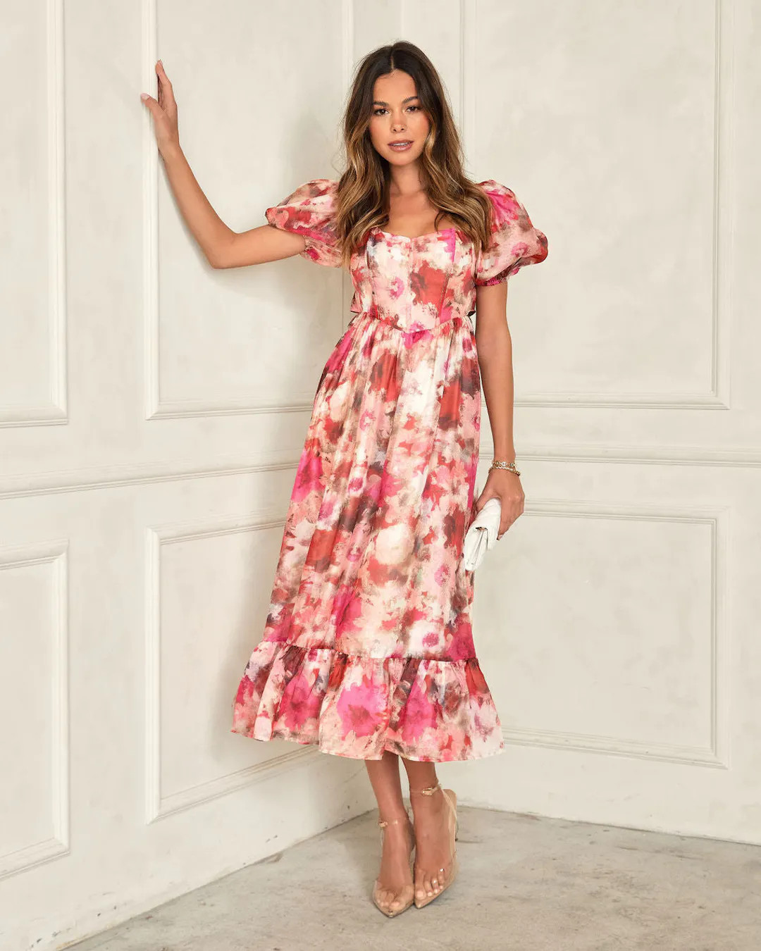 Last Dance Floral Corset Puff Sleeve Midi Dress | VICI