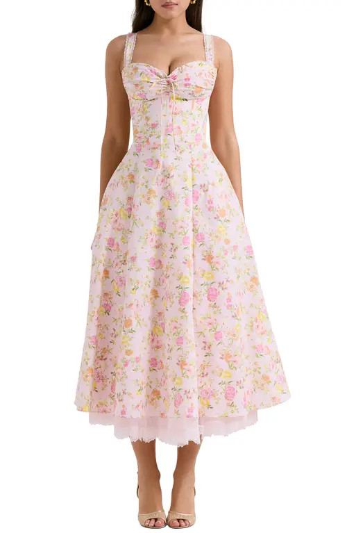 HOUSE OF CB Rosalee Floral Stretch Cotton Petticoat Dress in Pink Floral Print at Nordstrom, Size Large A | Nordstrom