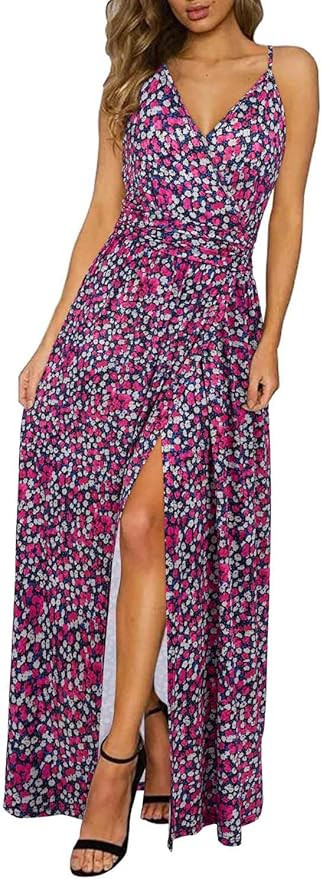 Newshows Women Summer 2025 Maxi Dress Vacation Floral Spaghetti Strap Spring Casual Boho Split Be... | Amazon (US)