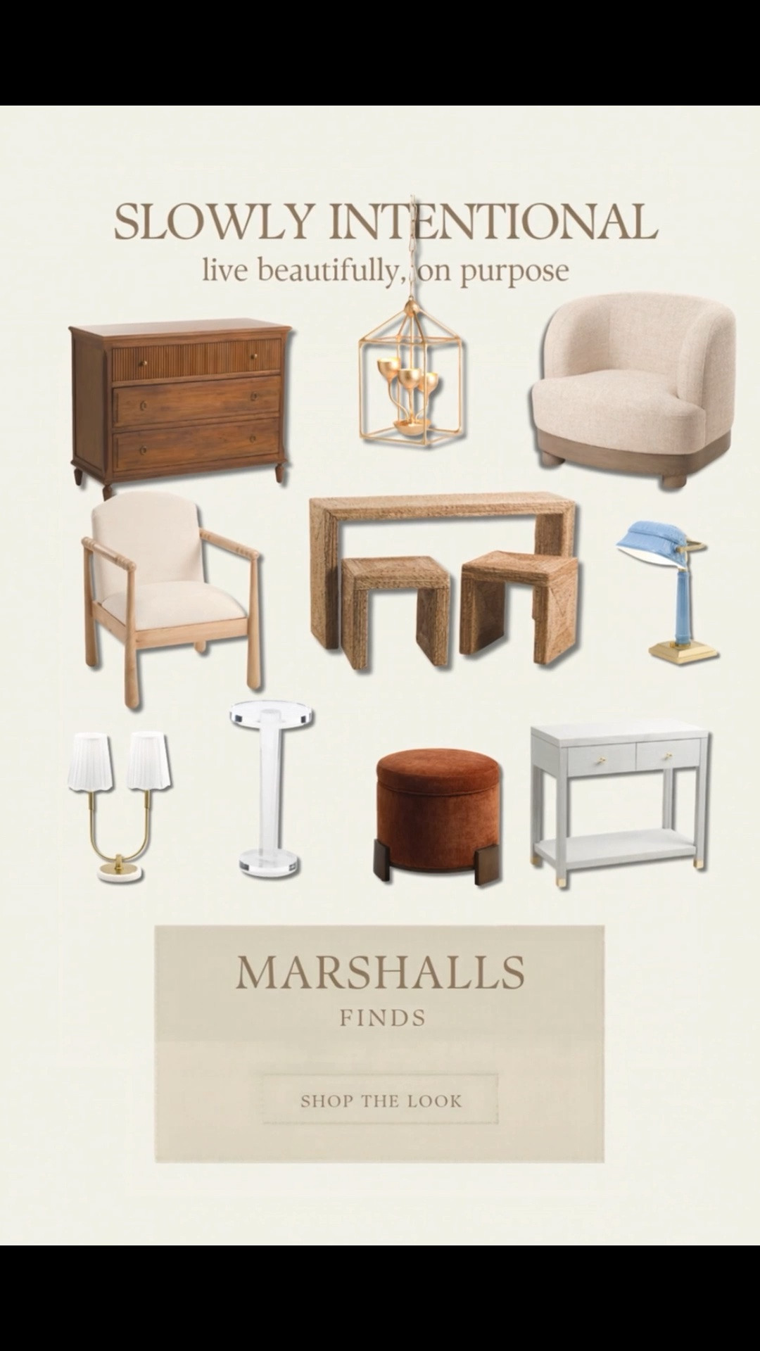 New affordable designer finds at Marshall’s that are worth the look. organic modern decor, neutral home decor, Marshalls finds, woven console table, boucle barrel chair, brass lighting, affordable furniture, transitional living room, acrylic drink table, velvet ottoman

#LTKHome
