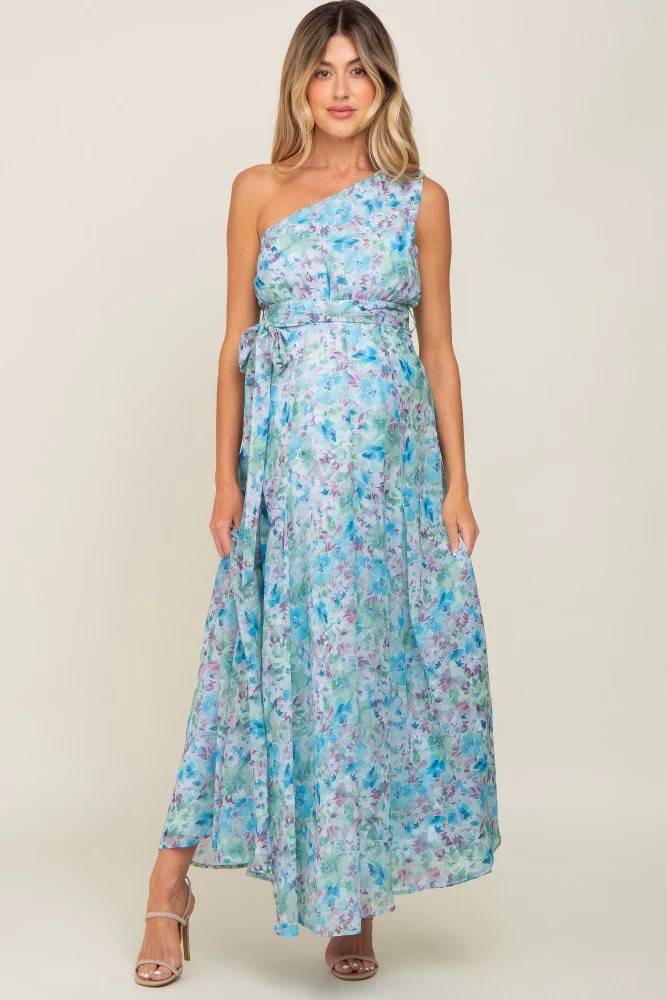 Green Floral Chiffon One Shoulder Maternity Maxi | PinkBlush Maternity