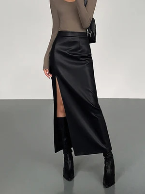 Side Split PU Leather Midi Skirt | Commense