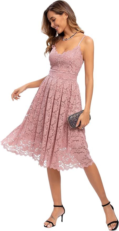 Sexy V Neck Sleeveless Evening Dresses for Women Cocktail Formal Wedding Guest Lace Dresses | Amazon (US)