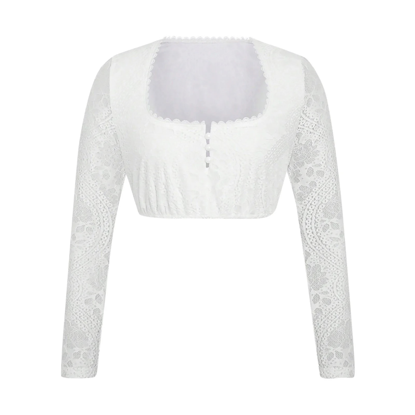 Uootdi Women's White Lace Crop Top Long Sleeve Square Neck Pearl Button Sheer Mesh Blouse Elegant... | Walmart (US)