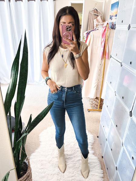 Ootd. Knit top size S & skinny jeans size 0. Add a pair of boots & crossbody bag. 
Bracelets 10% off code SPRING

Style. Spring outfit. Resort wear. Beach. Country concert. Jeans. Denim. Concert outfit. Los Angeles. Knit top. 

#LTKGiftGuide #LTKFindsUnder50 #LTKFestival