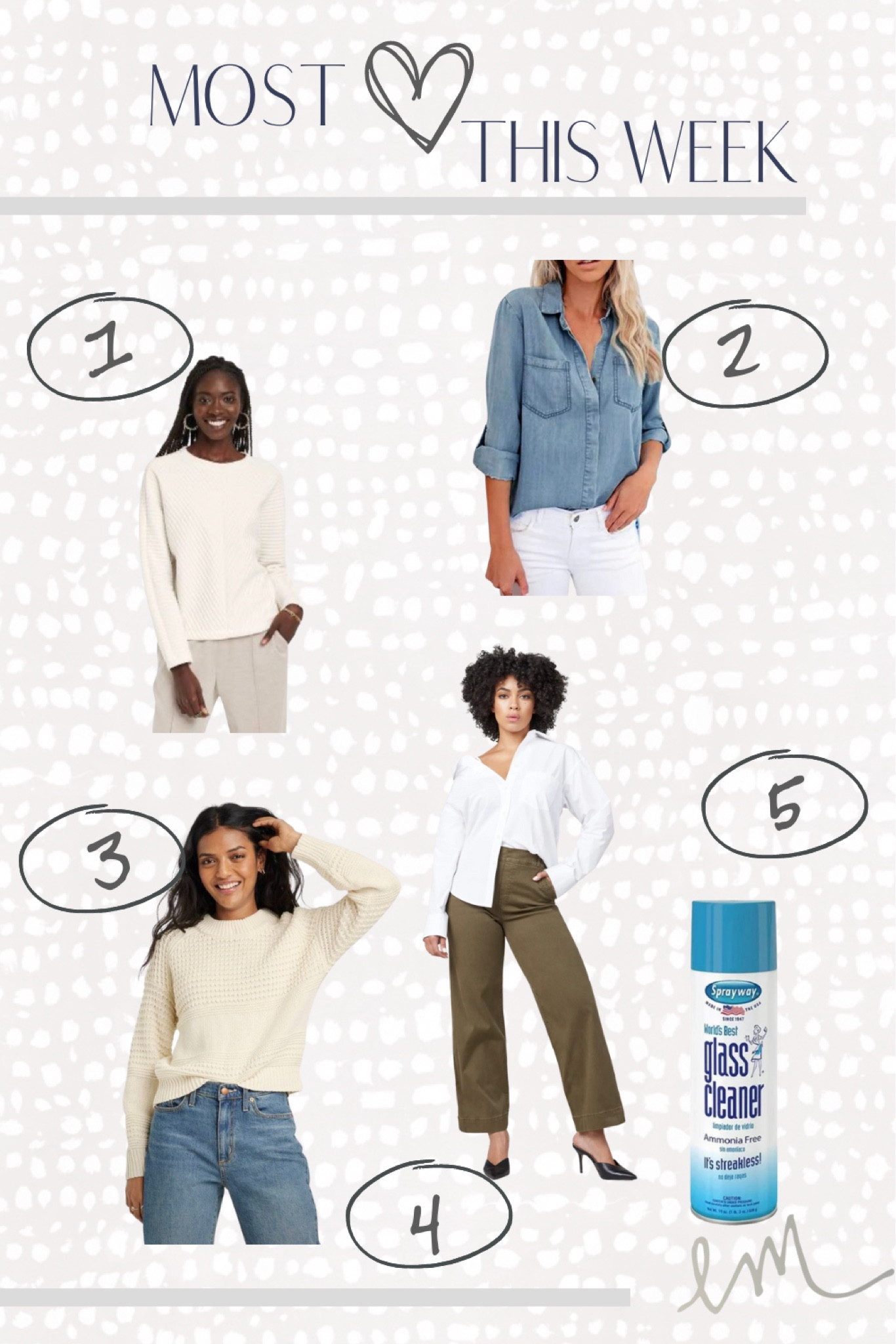 Most loved from this week:
1) Target Sweater
2) Chambray button down from Walmart
3) Target sweater
4) Spanx Pants- I wear the white ones weekly
5) Glass cleaner

#LTKhome #LTKunder100 #LTKstyletip
