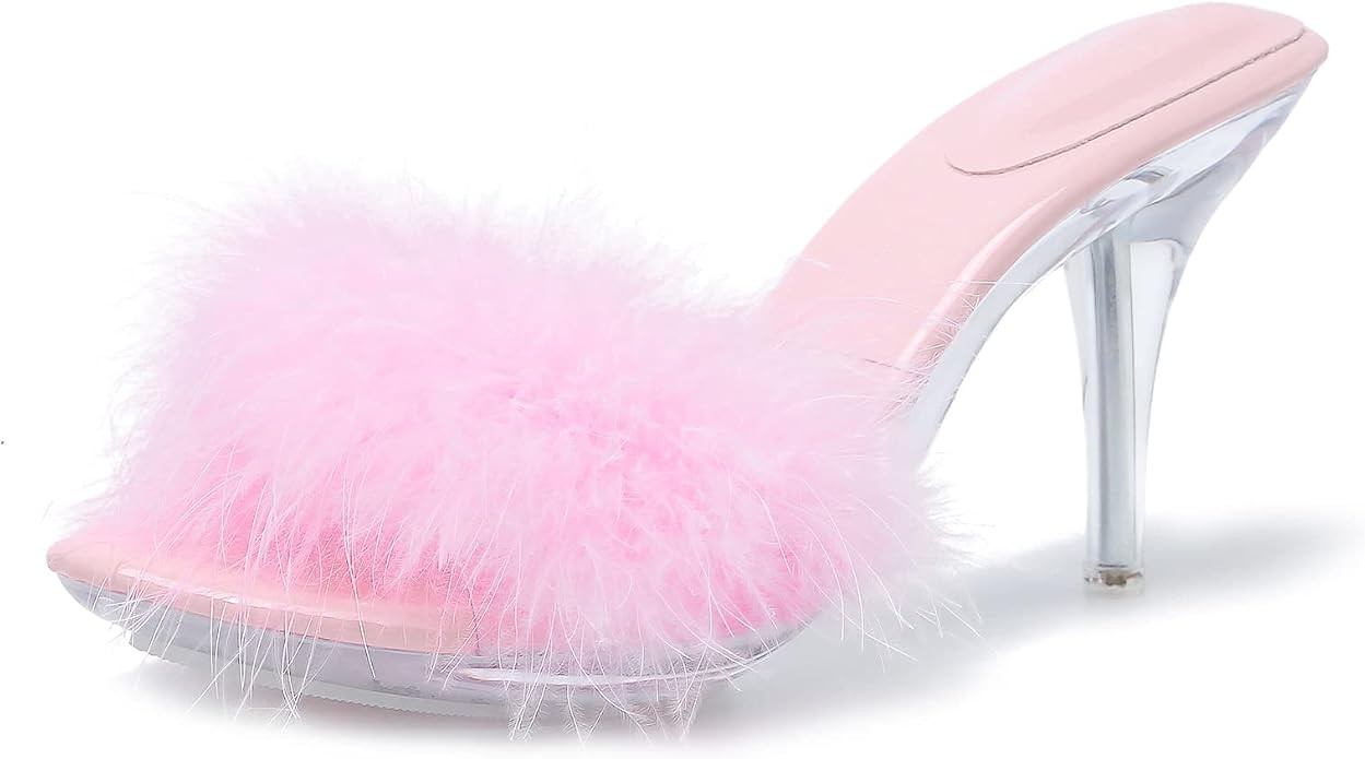 Women's Fuzzy Slippers Clear Heels Pointed Toe Stilettos Heels Mules Sandals Fluffy Feather Slip ... | Amazon (US)