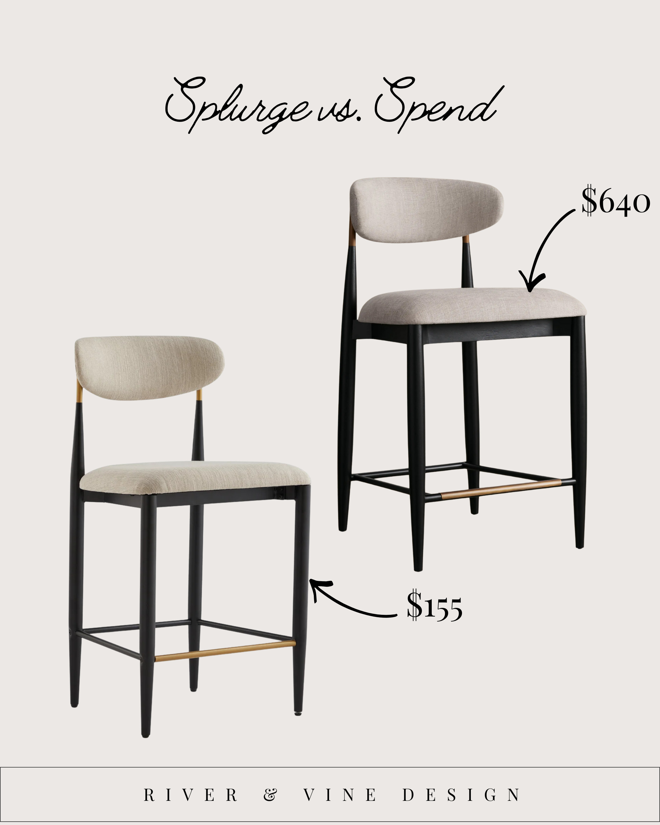 "Splurge or save? Most people can’t tell the difference here.

This is a great example of where design comes from shape, not price.

Both stools work because they share the same fundamentals:
• slim black frame
• curved, upholstered seat
• warm brass detail for contrast
• lightweight silhouette that doesn’t overpower the kitchen

The Arhaus Jagger is a beautiful splurge if you want the brand + finish detail.
The Wayfair Sloane gives you the same visual payoff for a fraction of the cost.

If you’re furnishing a whole kitchen, this is where saving actually makes sense." 

 #LTKHome