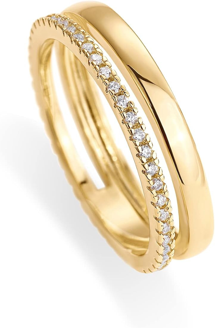 PAVOI 18K Gold Plated Cubic Zirconia Dual Stacking Rings for Women | Gold Eternity Band for Wome... | Amazon (US)