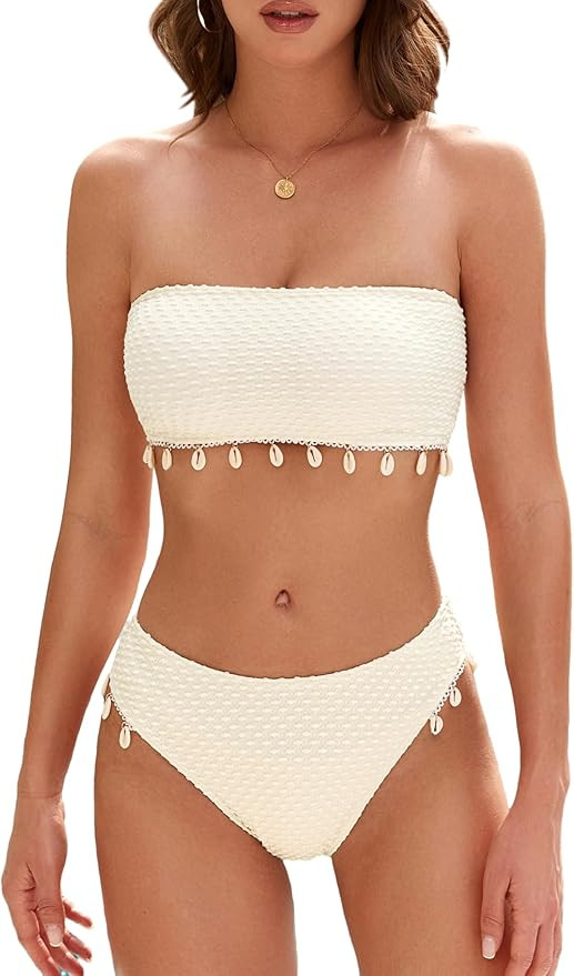 ZAFUL Women Strapless Bandeau Bikini Shell 2 Piece Swimwear Cheeky Solid Lace up Pom Bathing Suit... | Amazon (US)