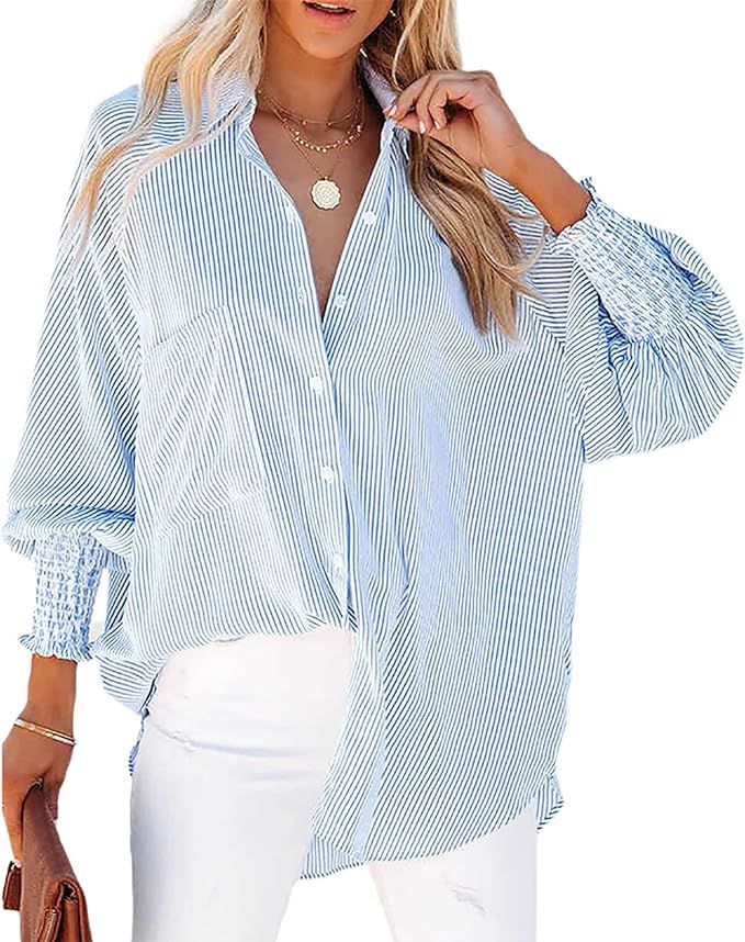 Womens Striped Long Sleeve Button Down V Neck Shirts Casual Smocked Cuffed Boyfriend Blouse Tops ... | Amazon (US)