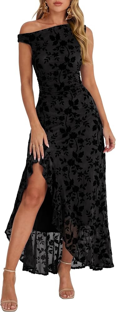 Caracilia Womens Summer Off Shoulder Formal Dress Floral Mesh Bodycon Ruched Split Cocktail Weddi... | Amazon (US)