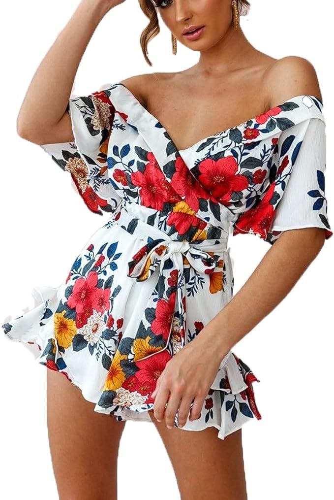 LIAOPUFUS Women's Summer Floral V Neck Mini Jumpsuit Off Shoulder Dress Floral Print Rompers | Amazon (US)