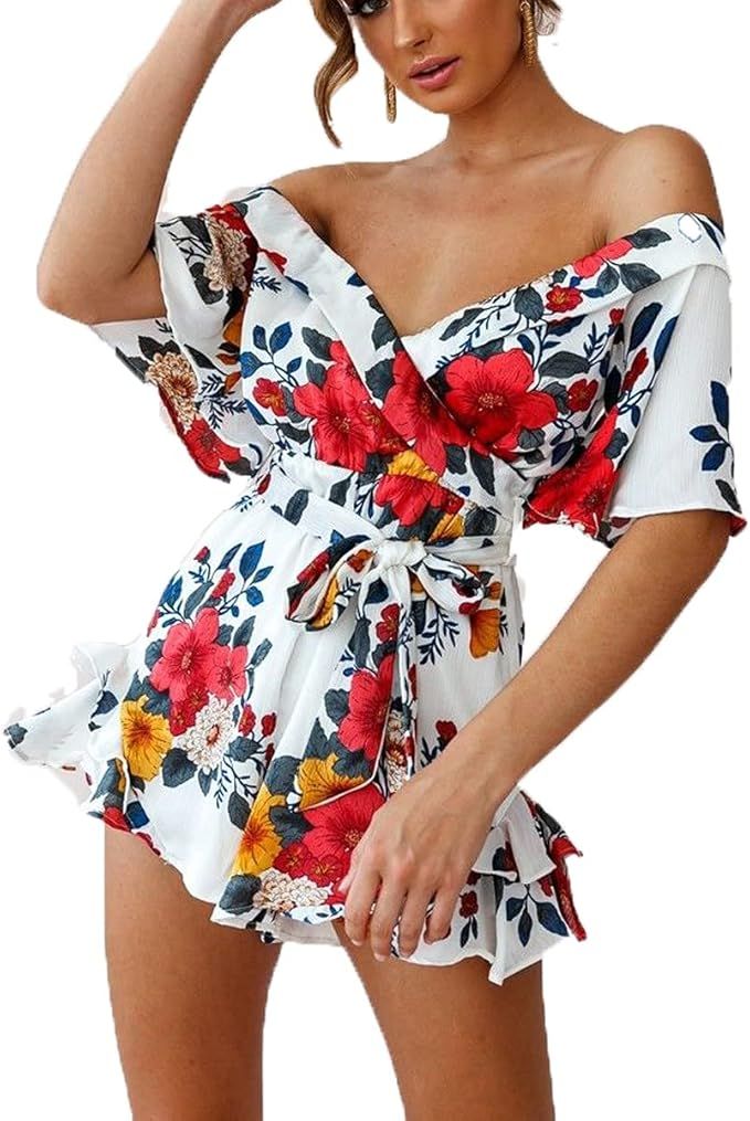 LIAOPUFUS Women's Summer Floral V Neck Mini Jumpsuit Off Shoulder Dress Floral Print Rompers | Amazon (US)