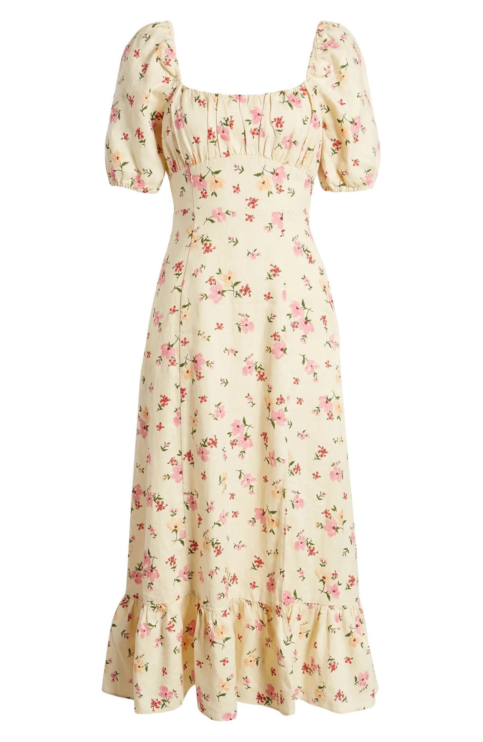 Floral Puff Sleeve Linen Midi Dress | Nordstrom