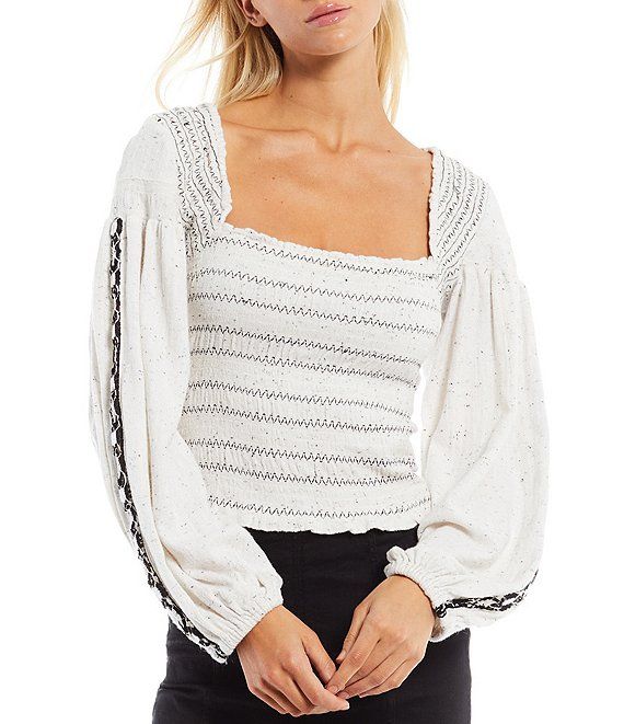Free People Maggie Embroidered Long Puff Sleeve Detail Square Neck Smocked Back Detail Top | Dill... | Dillard's