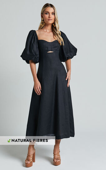 Amalie The Label - Catalina Linen Blend Sweetheart Balloon Sleeve Midi Dress in Black | Showpo (ANZ)