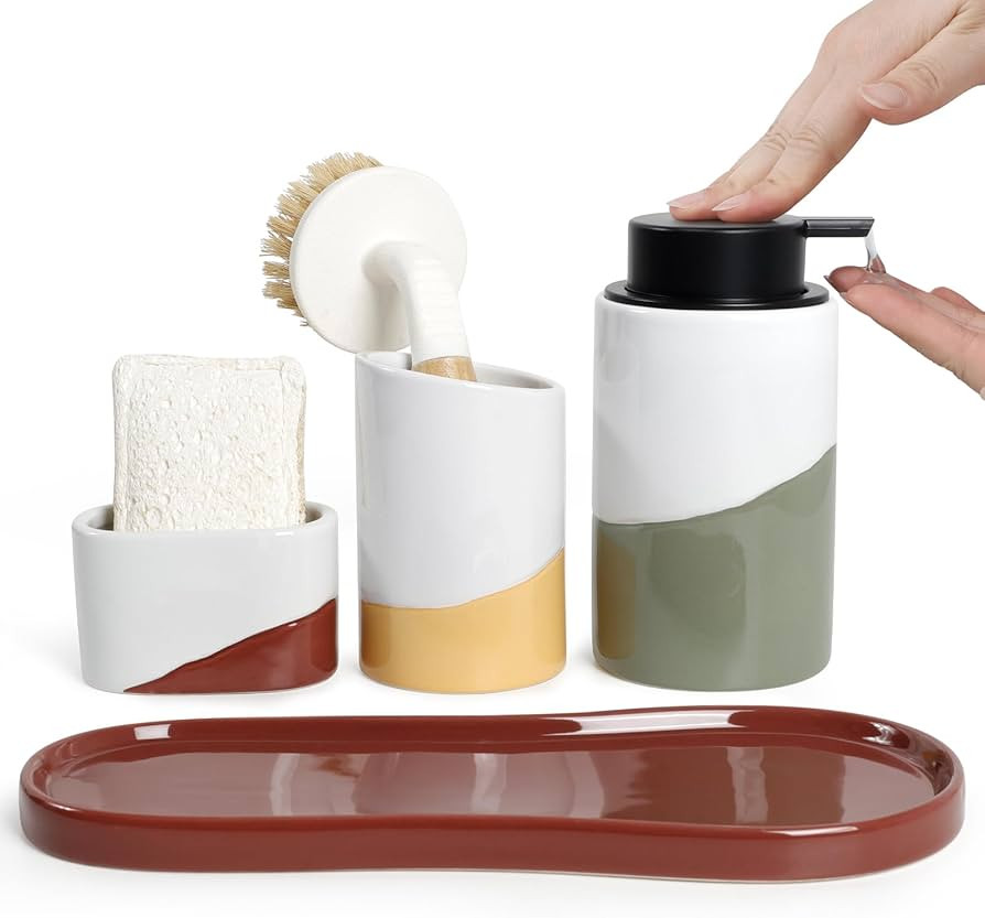 BosilunLife Kitchen Sink Caddy Set – 4-Piece Ceramic Soap Dispenser 12oz with Sponge & Utensil ... | Amazon (US)