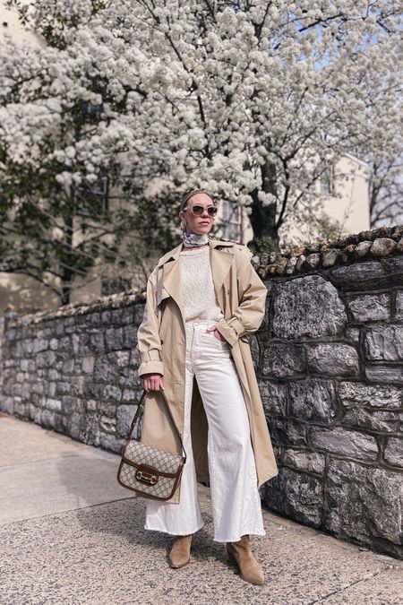 Trench coat, silk neck scarf, white jeans, cropped denim, Gucci bag, neutral spring outfit, style over 40

#LTKfindsunder100 #LTKSeasonal #LTKover40