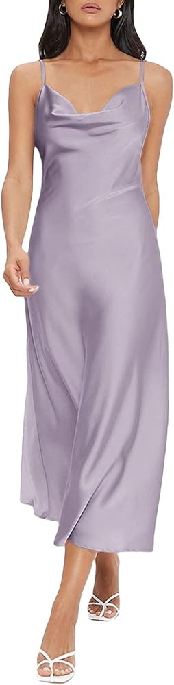 Floerns Women's Spaghetti Strap Cowl Neck Long Slip Satin Silk Midi Dress | Amazon (US)