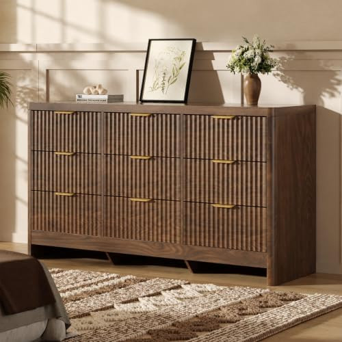 Fluted 9 Drawer Dresser for Bedroom, 59" Horizontal Wide Modern Low Profile Chest of Drawers with... | Amazon (US)