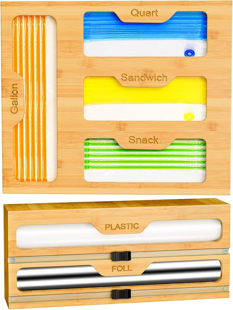 KOCWELL Bamboo Bag Storage Organizer - 2 Wrap Dispenser with Cutter & 4 Slots Food Storage Bags C... | Amazon (US)