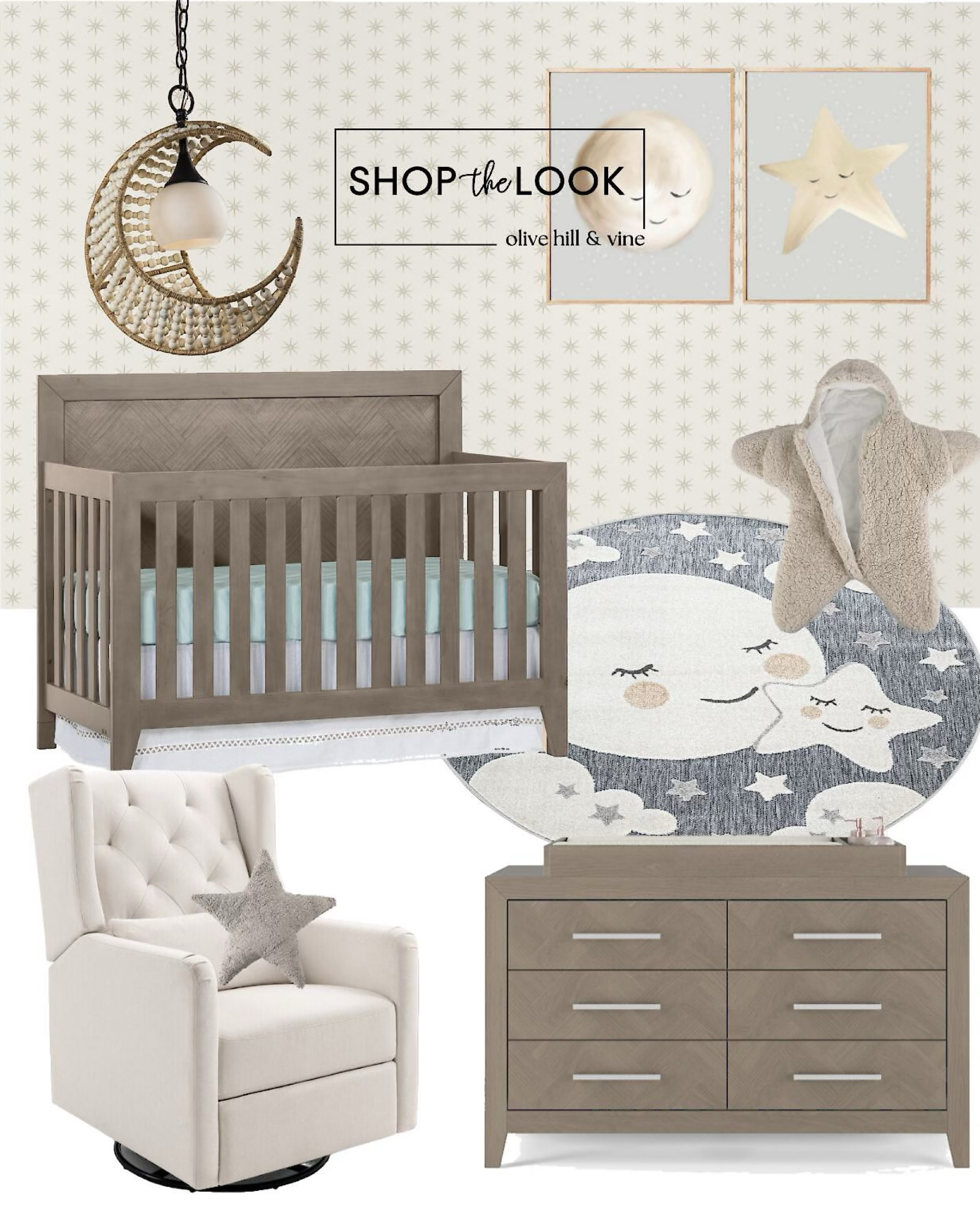 Dream big with our celestial nursery, where the cosmos comes alive! A moon pendant light casts a soft glow over starry walls and dreamy prints. Glide into starlit serenity on the recliner with a star pillow, wrapped in magic with an adorable wearable star blanket.  

#LTKHome #LTKBump #LTKBaby