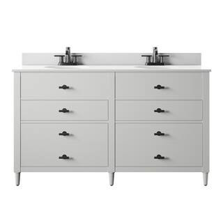 60 in. W x 20 in. D x 38.25 in. H Double Bath Vanity Side Cabinet in White with White Vanity Top ... | The Home Depot
